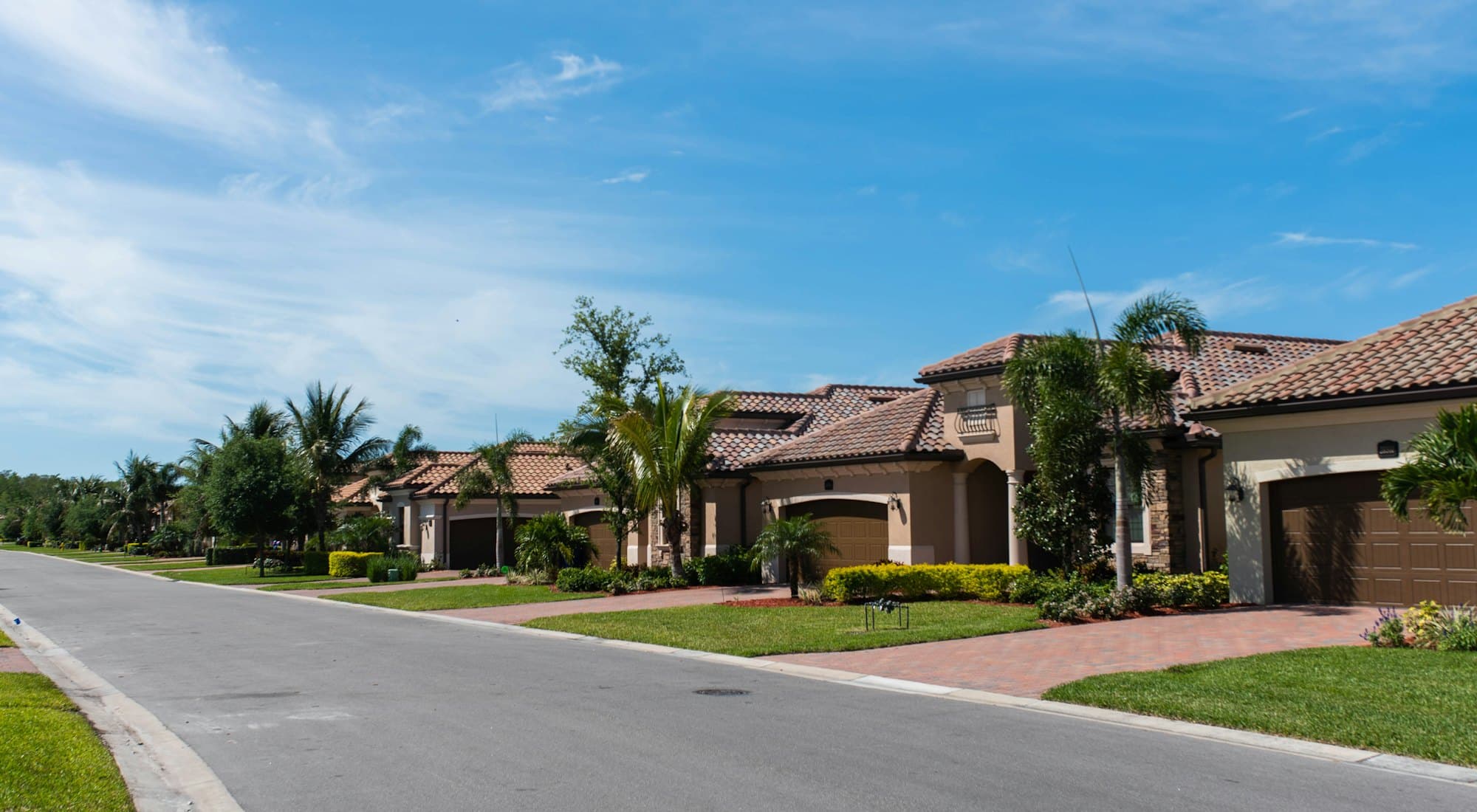 A quiet residential street of single-family homes on a clear day