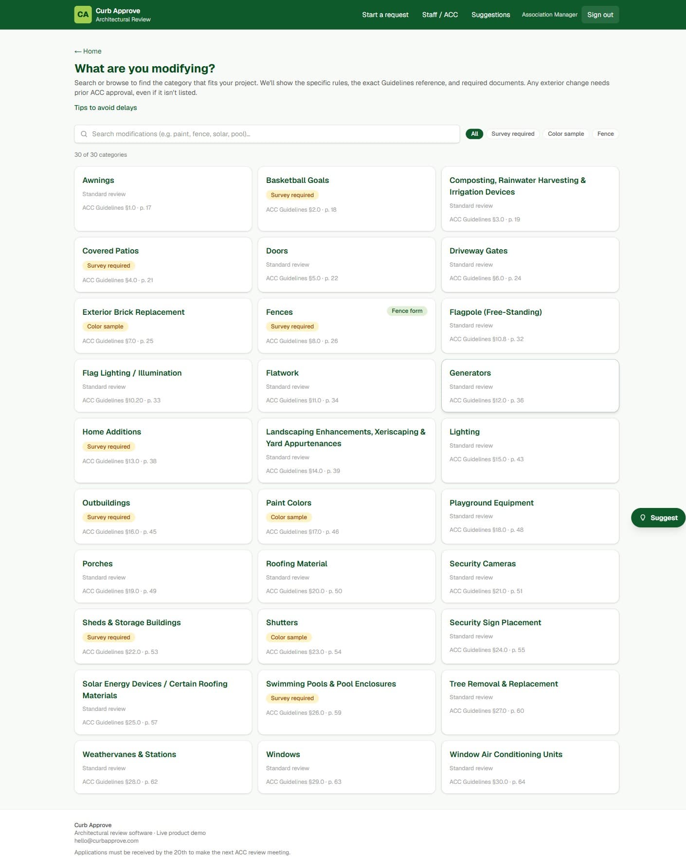 Curb Approve project category picker showing modification types, each with its guideline reference and required-document badges