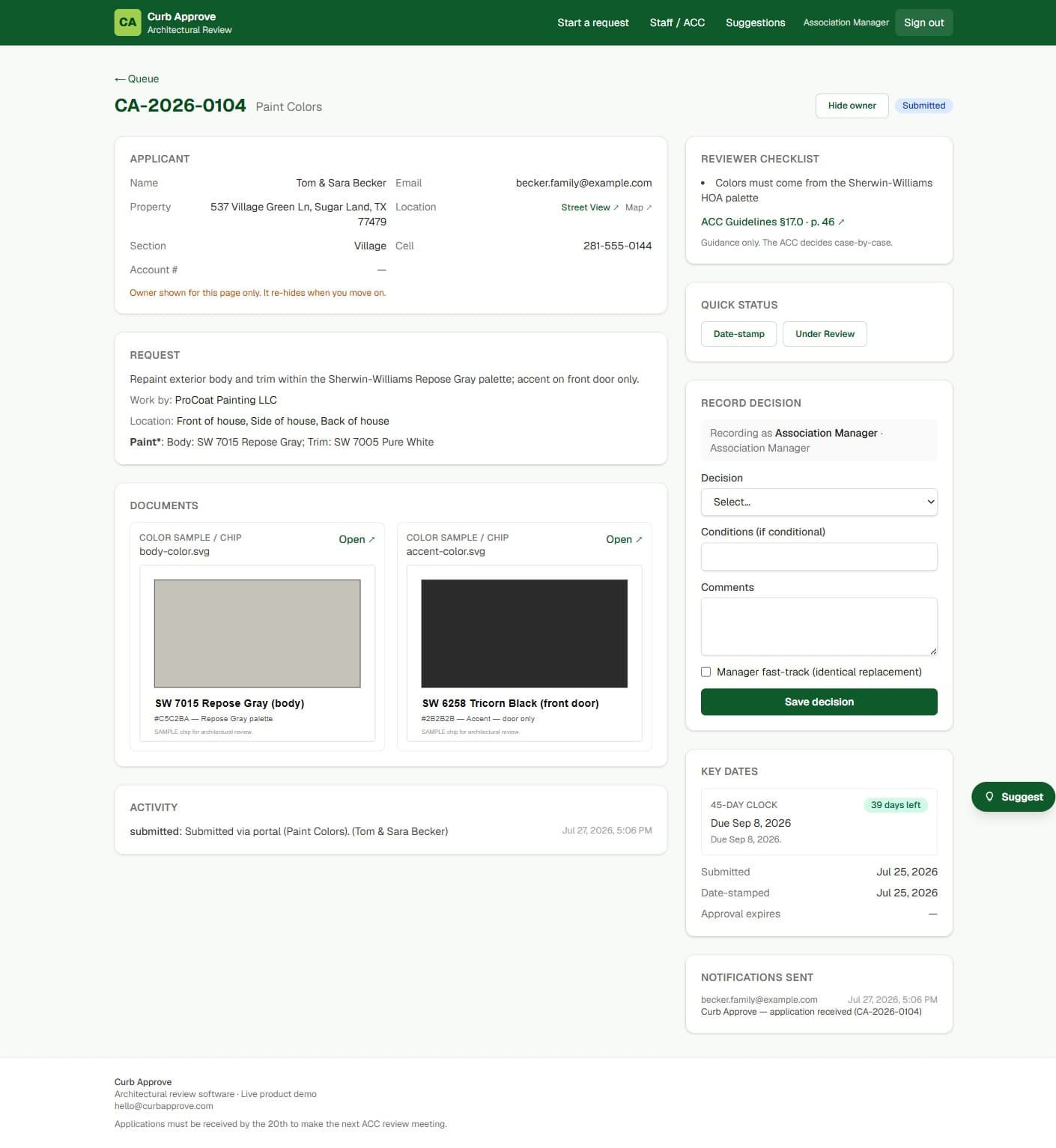 Curb Approve committee review screen with applicant details, color samples, reviewer checklist, and a record-decision panel