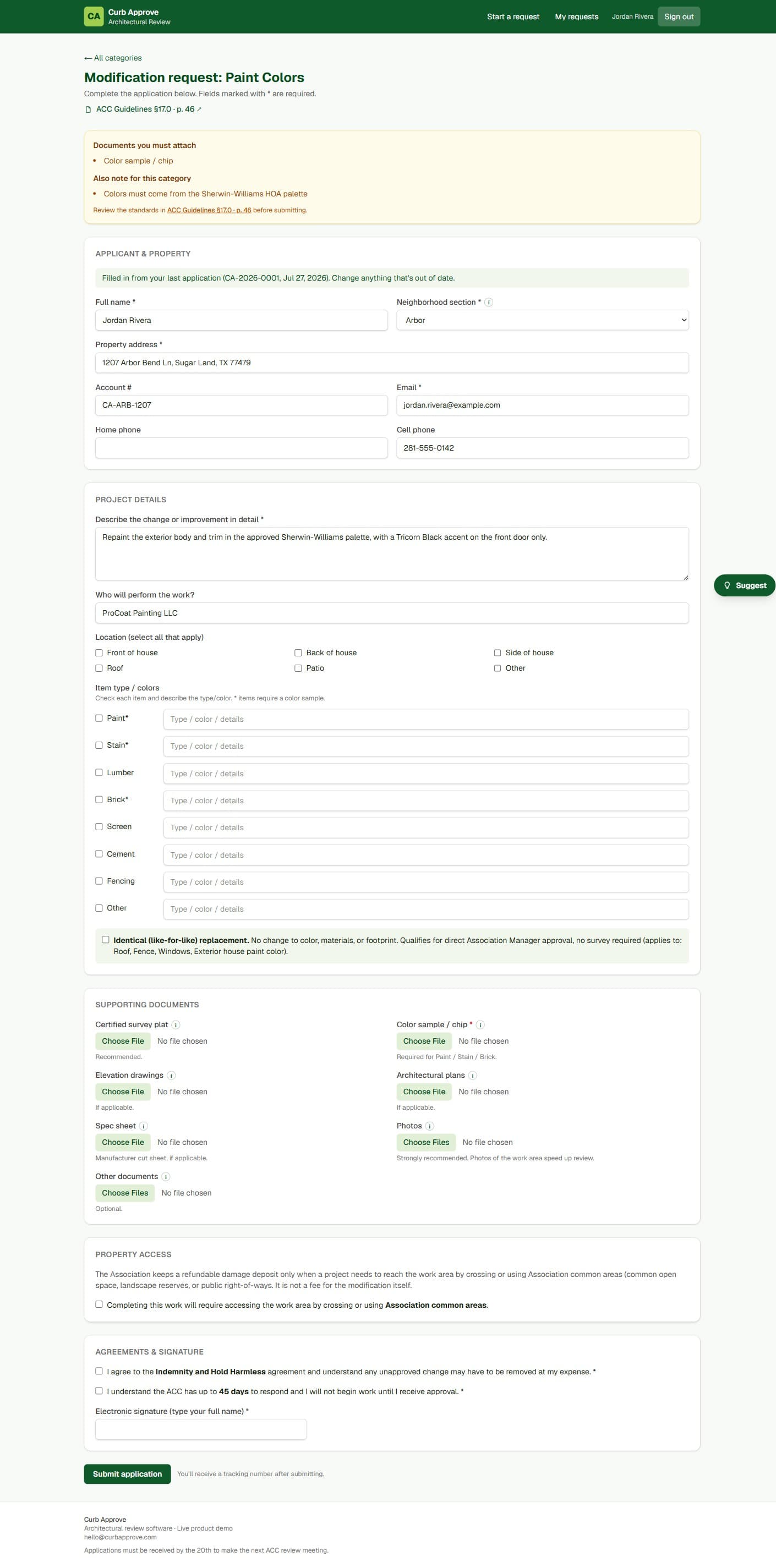Curb Approve guided modification application form with project details, document uploads, and electronic signature