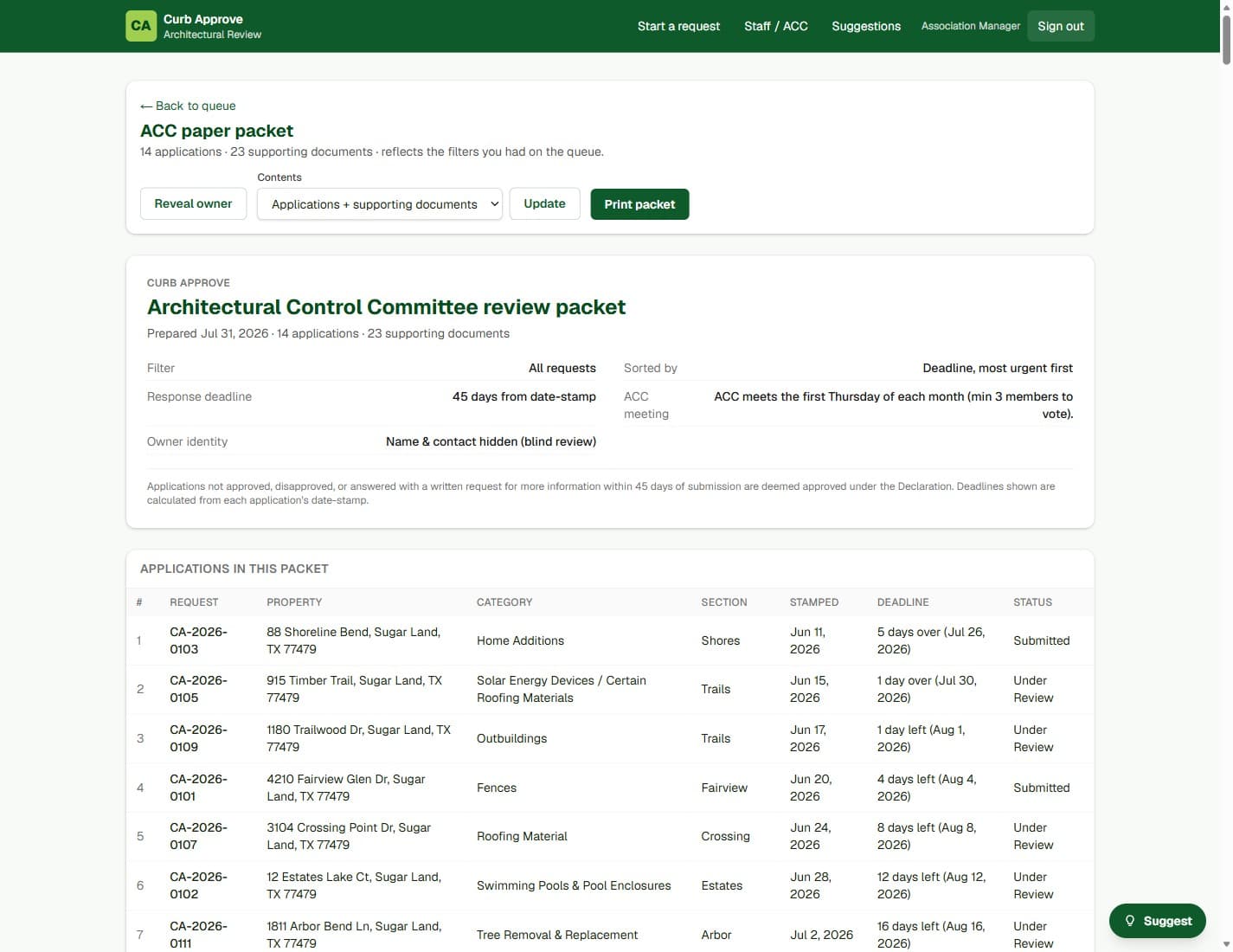 Curb Approve printable review packet with a cover sheet, summary table of applications and deadlines, and per-application detail