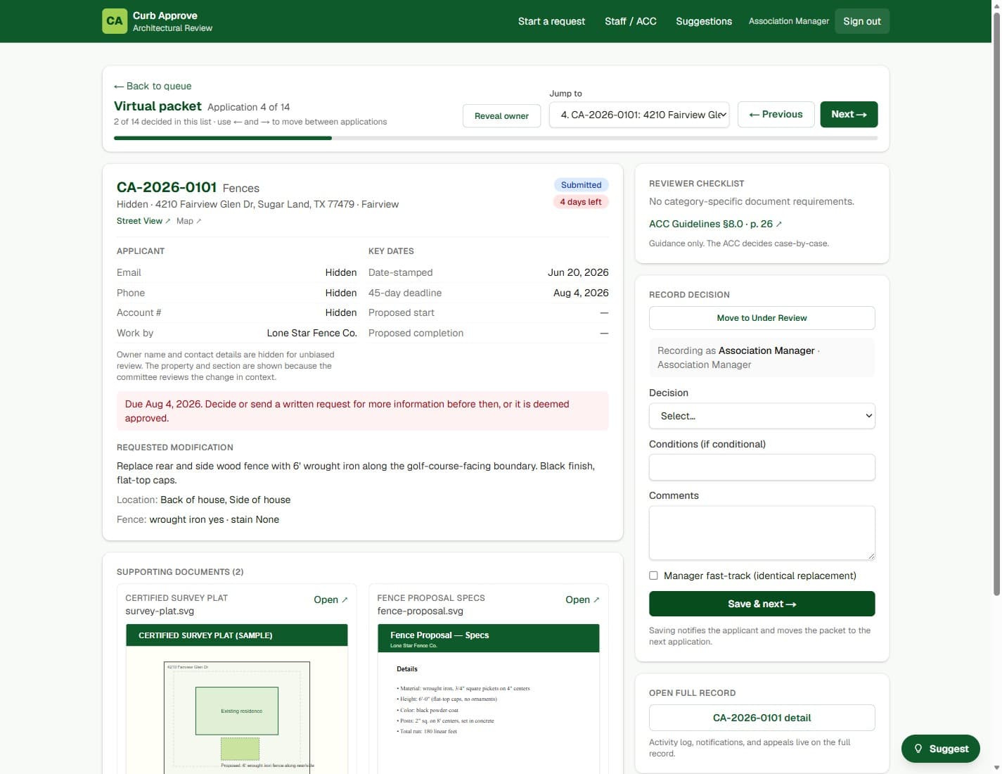 Curb Approve virtual packet showing one application with next and previous navigation, a reviewer checklist, and a record-decision panel